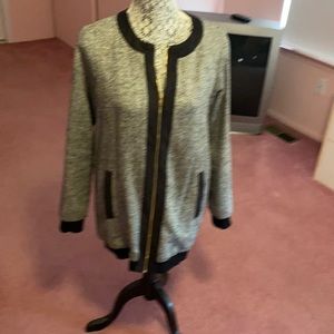 Black and ivory birds eye tweed with gold lurex ultra suede black trim on front